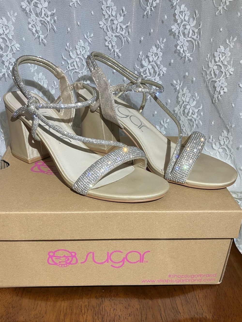 Sugar Sparkling Champagne Strappy Block Heel Sandals